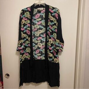 Christina Fairbanks Womens Kimono Duster M 38” Black Umbrellas Tropical Print